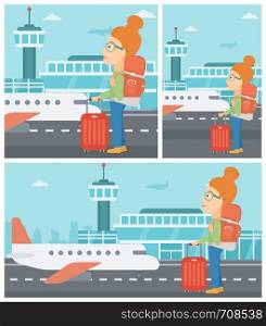 Young woman at the airport with backpack and a suitcase. Woman standing at the airport and looking at the flying airplane. Vector flat design illustration. Square, horizontal, vertical layouts.. Woman at the airport with suitcase.