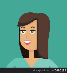 Young Woman Avatar. Businesswoman avatar icon isolated on green background. Woman with brown hair. Smiling young girl personage. Flat design vector illustration