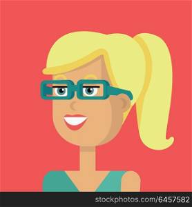 Young Woman Avatar. Businesswoman avatar icon isolated on red background. Woman in glasses with yellow hair. Smiling young girl personage. Flat design vector illustration