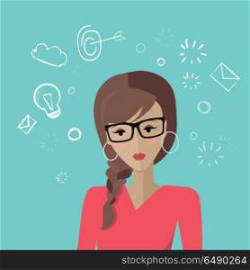 Young Woman Avatar Icon. Young woman avatar icon. Young woman in glasses and red blouse. Social networks business users avatar pictogram. Creative background. Isolated vector illustration on blue background.