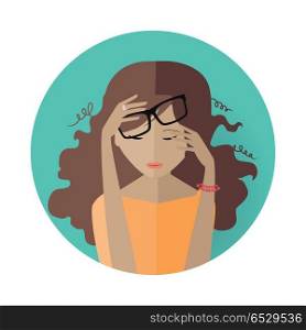 Young Woman Avatar Icon. Young woman round avatar icon. Young woman in glasses and orange dress. Social networks business users avatar pictogram. Isolated vector illustration on white background.