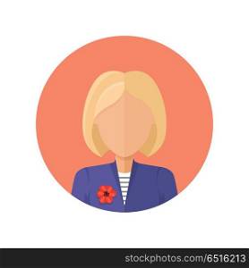 Young Woman Avatar without Facial Features.. Stylish young woman avatar or userpic in flat cartoon design. Elegant lady in blue jacket. Close up portrait isolated. Part of series of diverse avatars without facial features. Vector illustration.