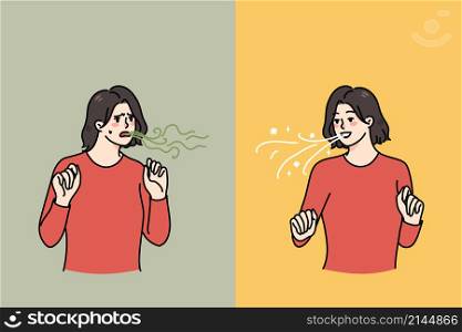 Young woman before and after good oralcare or tooth hygienic routine. Problem of bad breath. Girl clean wash teeth for mouth freshness. Dental hygiene and care. Flat vector illustration. . Woman before and after oral care