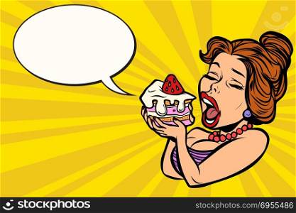 Young woman biting a piece of cake. Comic cartoon pop art retro vector vintage illustration. Young woman biting a piece of cake