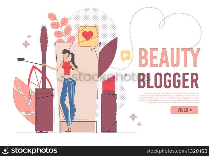 Young Woman Blogger Beauty Consultant Shooting Video Review for Social Blog. Media Network. Hot Fashion Trends News Publishing and Posting. Online Content Creation. Text Landing Page Design. Young Woman Shooting Video Review for Social Blog