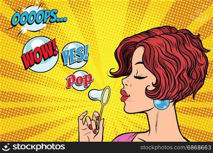 Young woman blowing air bubbles comic. oops wow yes pop. Pop art retro vector illustration. Young woman blowing air bubbles comic