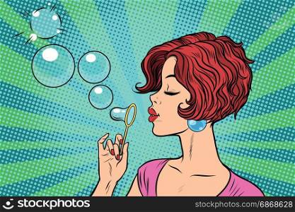 Young woman blowing bubbles. Pop art retro vector illustration. Young woman blowing bubbles