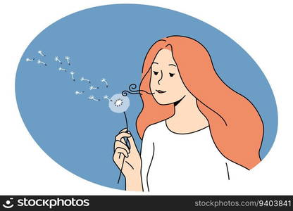 Young woman blowing dandelion enjoy summer in city. Happy girl hold flower relax in garden outside. Vector illustration.. Woman blowing dandelion flower