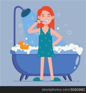 Young woman brushing teeth in a bathroom. Oral hygiene, care of dental health. Vector flat cartoon character illustration on violet background.. Young woman brushing teeth in a bathroom. Oral hygiene, care of dental health. Vector flat cartoon character illustration