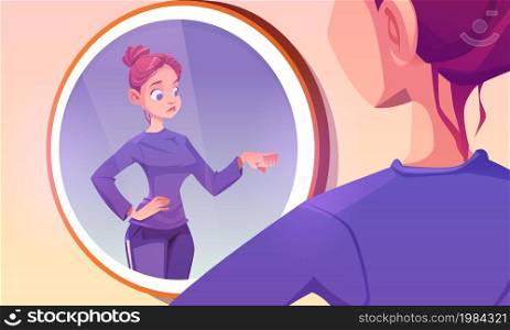 Young woman bump fist with her own reflection in mirror. Girl best friend of herself, self love, team, respect and friendship. Positive teenager fistbump gesture, Cartoon vector illustration. Young woman bump fist with her own reflection