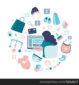 Young woman buy baby things via internet. Female character using computer for online shopping. Various goods, objects for a newborn baby. E-commerce technology, digital store. Flat vector illustration. Young woman buy baby things via internet. Female character using computer for online shopping. E-commerce technology, digital store.