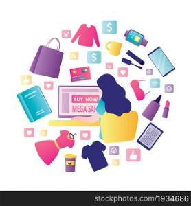 Young woman buy things via internet. Female character using computer for online shopping. Various goods around girl. E-commerce, internet store and marketing concept. Flat vector illustration. Young woman buy things via internet. Female character using computer for online shopping. Various goods around girl.
