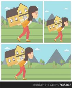 Young woman carrying a big house on her back on the background of mountains. Vector flat design Illustration. Square, horizontal, vertical layouts.. Woman carrying house.