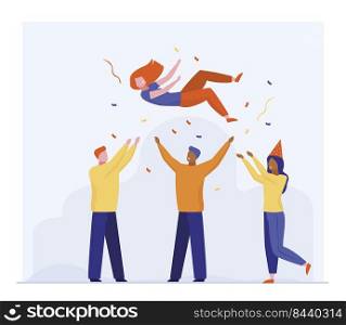 Young woman celebrating birthday with friends. Team throwing mate up flat vector illustration. Party, celebration, friendship concept for banner, website design or landing web page