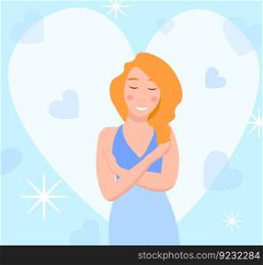 Young woman character flat style illustration hugging herself cheerful self care love