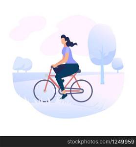 Young Woman Character Riding Bicycle on City Park Background. Active Girl Enjoying Bike Ride Open Air. Healthy Lifestyle, Eco Transportation. Stylish Female Side View. Cartoon Flat Vector Illustration. Young Woman Character Riding Bicycle in City Park