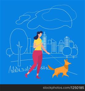 Young Woman Character Walking with Dog and Messaging in Smartphone on Blue Background with Outline City and Nature Elements. Human Life, Summer Time Activity. Cartoon Flat Vector Illustration.. Girl Walk with Pet in Park. Summertime in City