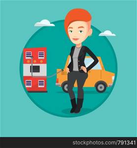 Young woman charging electric car at charging station. Woman standing near power supply for electric car. Charging of electric car. Vector flat design illustration in the circle isolated on background. Charging of electric car vector illustration.