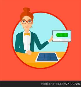 Young woman charging tablet computer with solar panel. Charging tablet from portable solar panel. Tablet with a battery charging. Vector flat design illustration in the circle isolated on background.. Solar panel charging tablet computer.