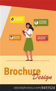 Young woman chatting with friends via smartphone. Mobile phone, device, chat flat vector illustration. Communication and digital technology concept for banner, website design or landing web page