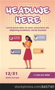 Young woman chatting with friends via smartphone. Mobile phone, device, chat flat vector illustration. Communication and digital technology concept for banner, website design or landing web page