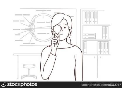 Young woman check sight in oculist cabinet. Girl close one eye examine eyesight in eye doctor clinic. Healthcare and medicine. Vector illustration. . Woman check sight in oculist cabinet 