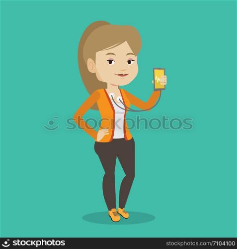 Young woman checking her blood pressure with smartphone application. Woman taking care of her health and measuring heart rate pulse with smartphone app. Vector flat design illustration. Square layout.. Woman measuring heart rate pulse with smartphone.