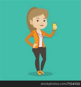 Young woman checking her blood pressure with smartphone application. Woman taking care of her health and measuring heart rate pulse with smartphone app. Vector flat design illustration. Square layout.. Woman measuring heart rate pulse with smartphone.