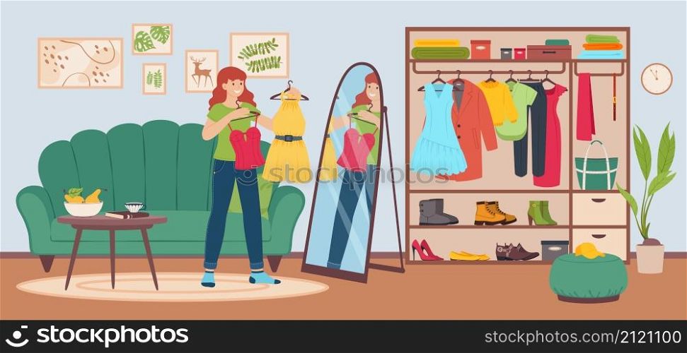 Young woman choosing outfit to wear in home wardrobe. Girl holding clothes, trying different clothing and looking in mirror vector illustration. Character holding dress and top and making decision. Young woman choosing outfit to wear in home wardrobe. Girl holding clothes, trying different clothing and looking in mirror vector illustration