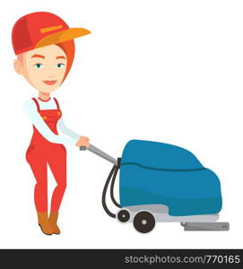 Young woman cleaning supermarket floor. Woman working with cleaning machine. Female cucasian worker of cleaning services in supermarket. Vector flat design illustration isolated on white background.. Female worker cleaning store floor with machine.