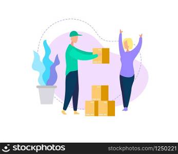 Young Woman Consumer Character Happy to Get Parcel Box from Man Courier Deliver it to Address. Shopping, Online Trading. Fast Internet Technology. Express Delivery Cartoon Flat Vector Illustration. Courier Deliver Box Parcel to Young Woman Consumer