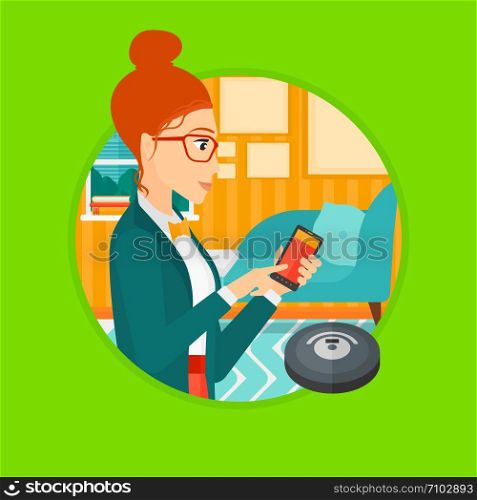 Young woman controlling robot vacuum cleaner with her smartphone. Woman holding remote control of robotic vacuum cleaner. Vector flat design illustration in the circle isolated on background.. Woman controlling vacuum cleaner with smartphone.