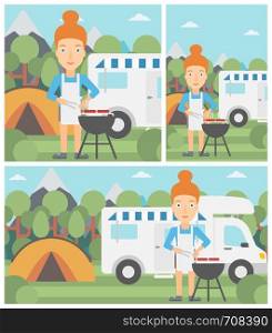Young woman cooking meat on barbecue on the background of camper van. Woman travelling by camper van and having barbecue party. Vector flat design illustration. Square, horizontal, vertical layouts.. Woman having barbecue in front of camper van.