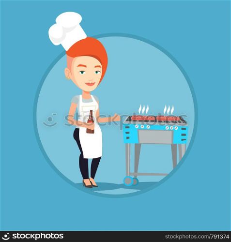 Young woman cooking steak on gas barbecue grill and giving thumb up. Caucasian woman cooking steak on the barbecue grill outdoors. Vector flat design illustration in the circle isolated on background.. Woman cooking steak on barbecue grill.