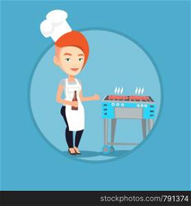 Young woman cooking steak on gas barbecue grill and giving thumb up. Caucasian woman cooking steak on the barbecue grill outdoors. Vector flat design illustration in the circle isolated on background.. Woman cooking steak on barbecue grill.