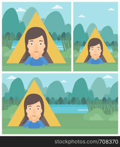 Young woman crawling out from a camping tent. Travelling woman with her hands on cheek lying in camping tent and relaxing. Vector flat design illustration. Square, horizontal, vertical layouts.. Woman lying in camping tent vector illustration.