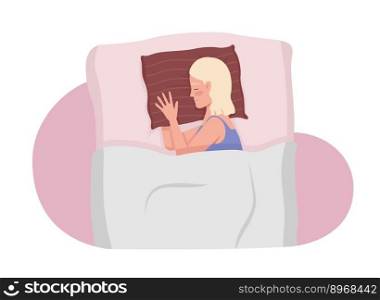 Young woman cuddling striped pillow while sleeping semi flat color vector character. Editable figure. Half body person on white. Simple cartoon style illustration for web graphic design and animation. Young woman cuddling striped pillow while sleeping semi flat color vector character