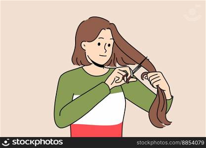 Young woman cut hair support Iranian women. Decisive female stand together with iran feminist and activist. Equality and feminist rights. Vector illustration. . Woman cut hair stand with Iranian women 