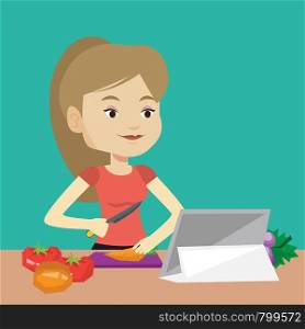 Young woman cutting vegetables for salad. Caucasian woman following recipe for vegetables salad on digital tablet. Woman cooking healthy vegetable salad. Vector flat design illustration. Square layout. Woman cooking healthy vegetable salad.