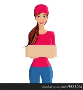 Young woman delivery person with cardboard box portrait isolated on white background vector illustration.