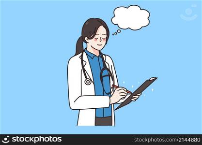 Young woman doctor in medical uniform write prescription in patient card or journal. Female nurse or GP with speech bubble above head note in folder. Medicine and healthcare. Vector illustration. . Woman doctor in uniform write prescription