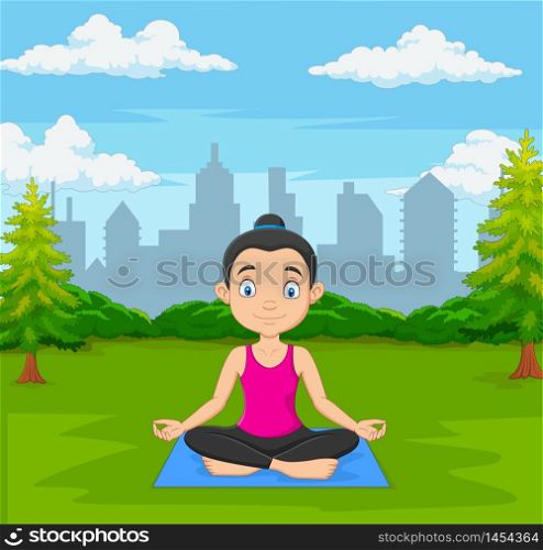 Young woman doing meditation in green city park