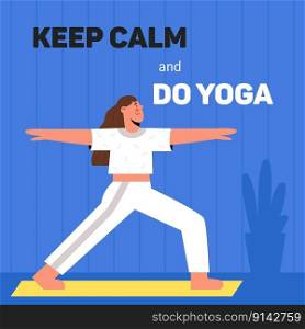 Young woman doing yoga exercises, practicing meditation and stretching on the mat. Female character in yoga studio or home. Trendy flat vector illustration.