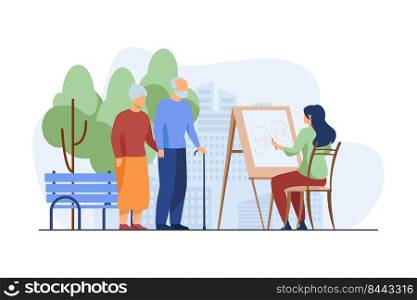 Young woman drawing portrait of elderly couple on easel. Park, leisure. Flat vector illustration. Art and entertainment concept can be used for presentations, banner, website design, landing web page