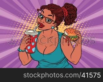 Young woman drinking Cola and eating Burger. Pop art retro illustration. Fast food restaurant. A delicious lunch. African American people. Young woman drinking Cola and eating Burger