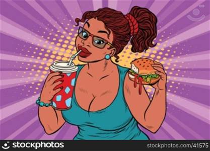Young woman drinking Cola and eating Burger. Pop art retro illustration. Fast food restaurant. A delicious lunch. African American people. Young woman drinking Cola and eating Burger