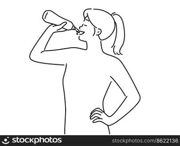Young woman drinking water from bottle for hydration. Smiling girl enjoy clean liquid follow healthy lifestyle. Body hydrate. Vector illustration. . Young woman drinking water for body hydration