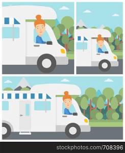 Young woman driving a motor home in the forest. Woman travelling by camper van. Vector flat design illustration. Square, horizontal, vertical layouts.. Woman driving motor home vector illustration.