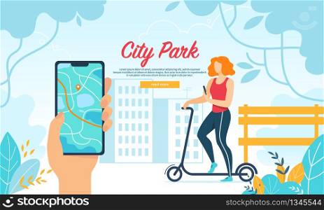 Young Woman Driving Scooter in City Park, Using Mobile App to Watch GPS Location, Outdoors Activity, Dweller Lifestyle in Megapolis, Summer Time. Cartoon Flat Vector Illustration, Horizontal Banner. Young Woman Driving Scooter in City Park, Mobile