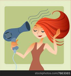 Young woman drying hair. Morning gathering for a date or a job